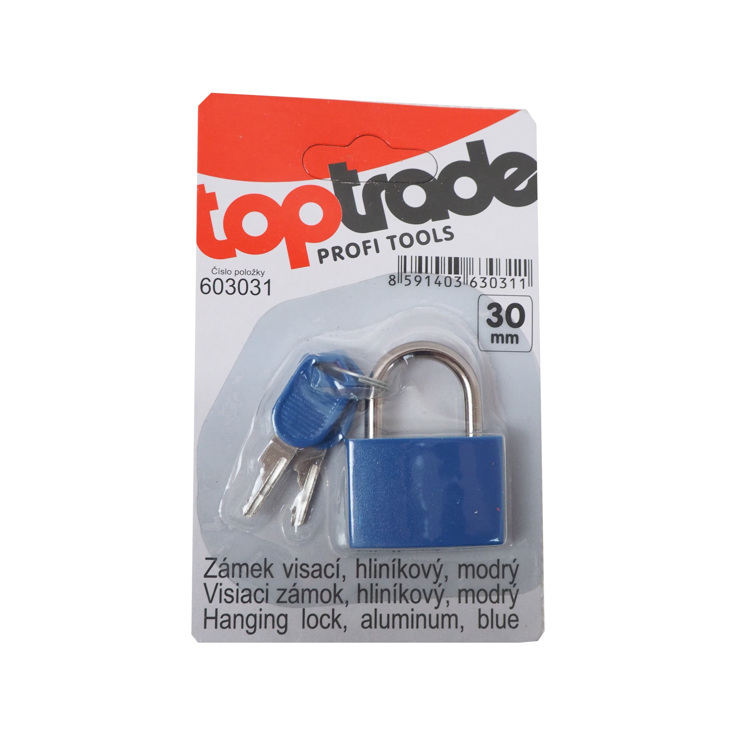 TOPTRADE visací zámek 30 mm, modrý, mosazná vložka, 2 klíče - náhled 2