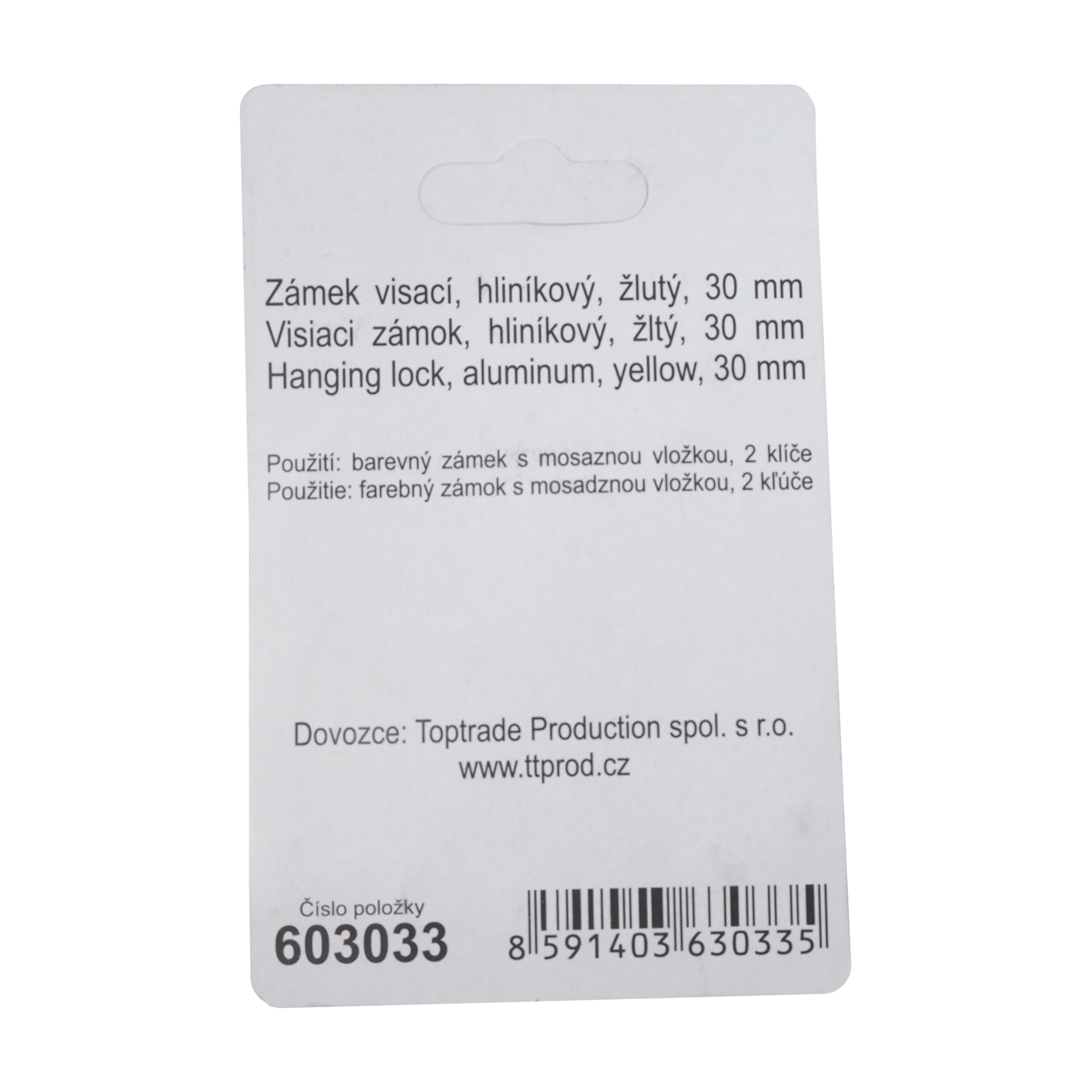 TOPTRADE visací zámek 30 mm žlutý – 2 klíče, mosazná vložka - náhled 3