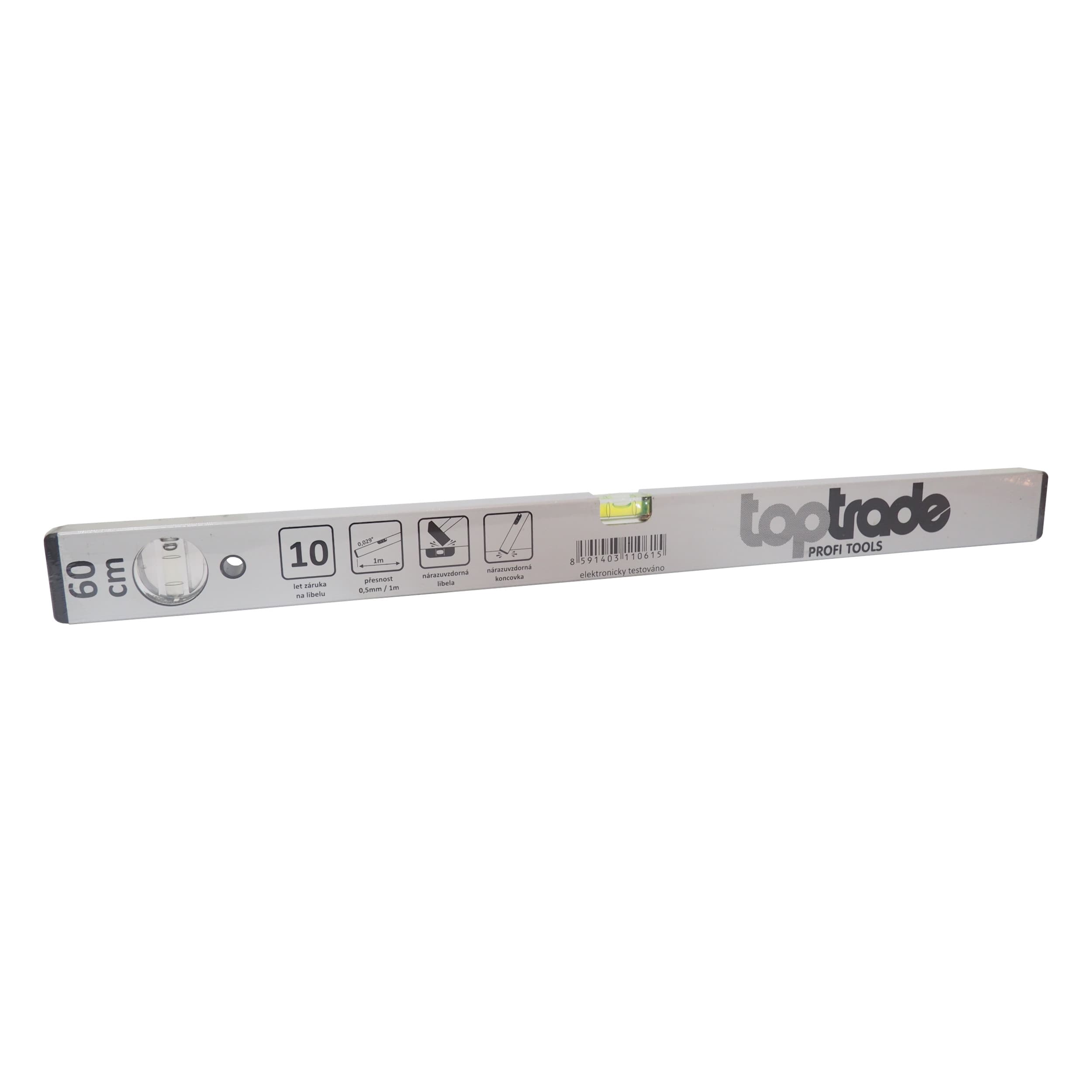 TOPTRADE vodováha 400 mm, 2 libely, stříbrná – standard