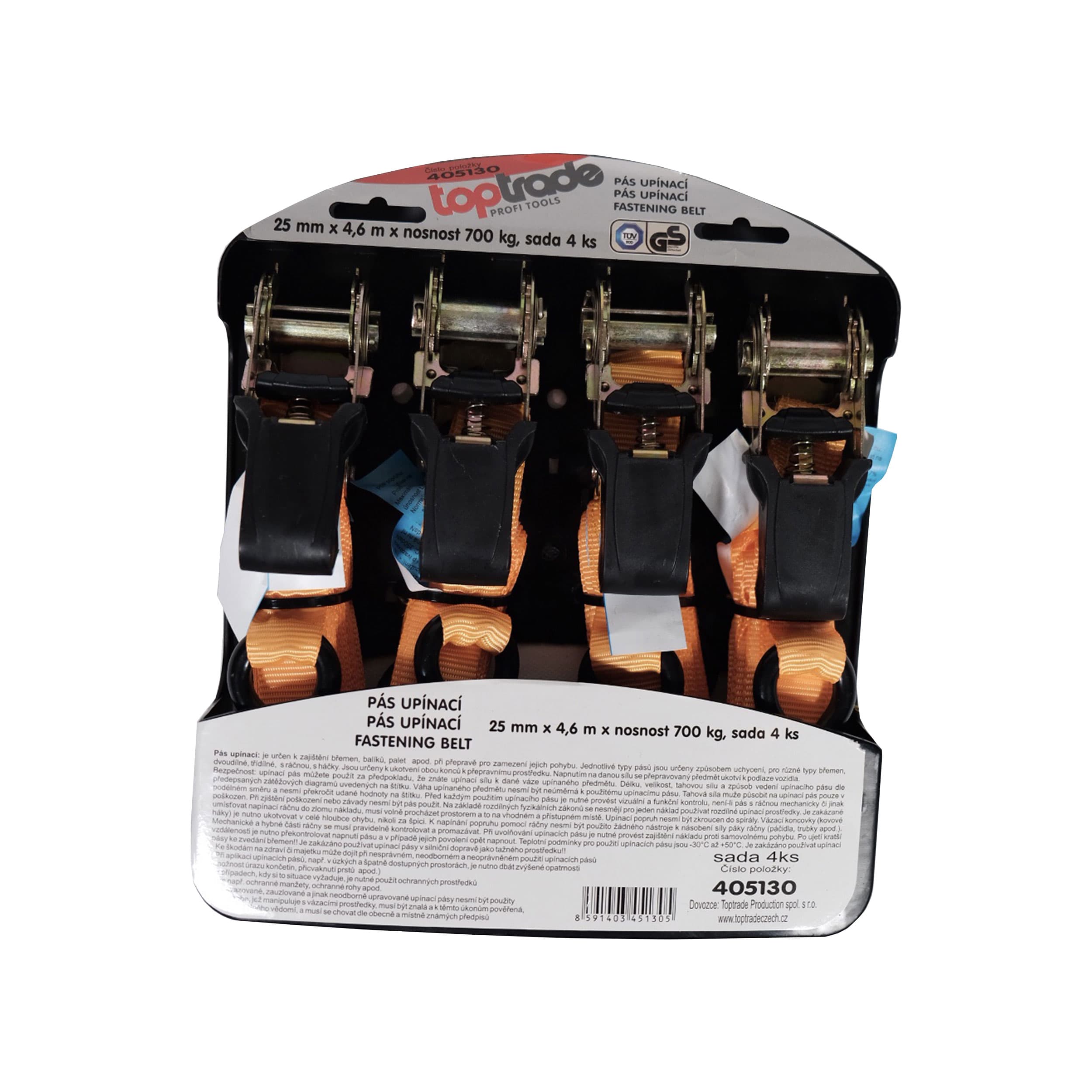 TOPTRADE upínací pásy s ráčnou a háky – sada 4 ks, 25 mm × 4,6 m, do 700 kg - náhled 2