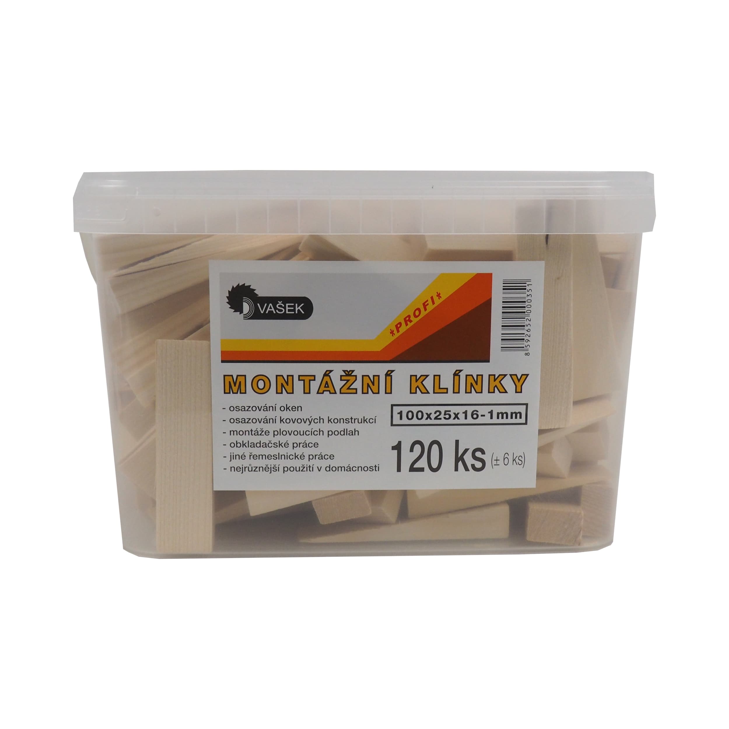 Dřevěné montážní klínky v kbelíku 120 ks, 100×25×16–1 mm
