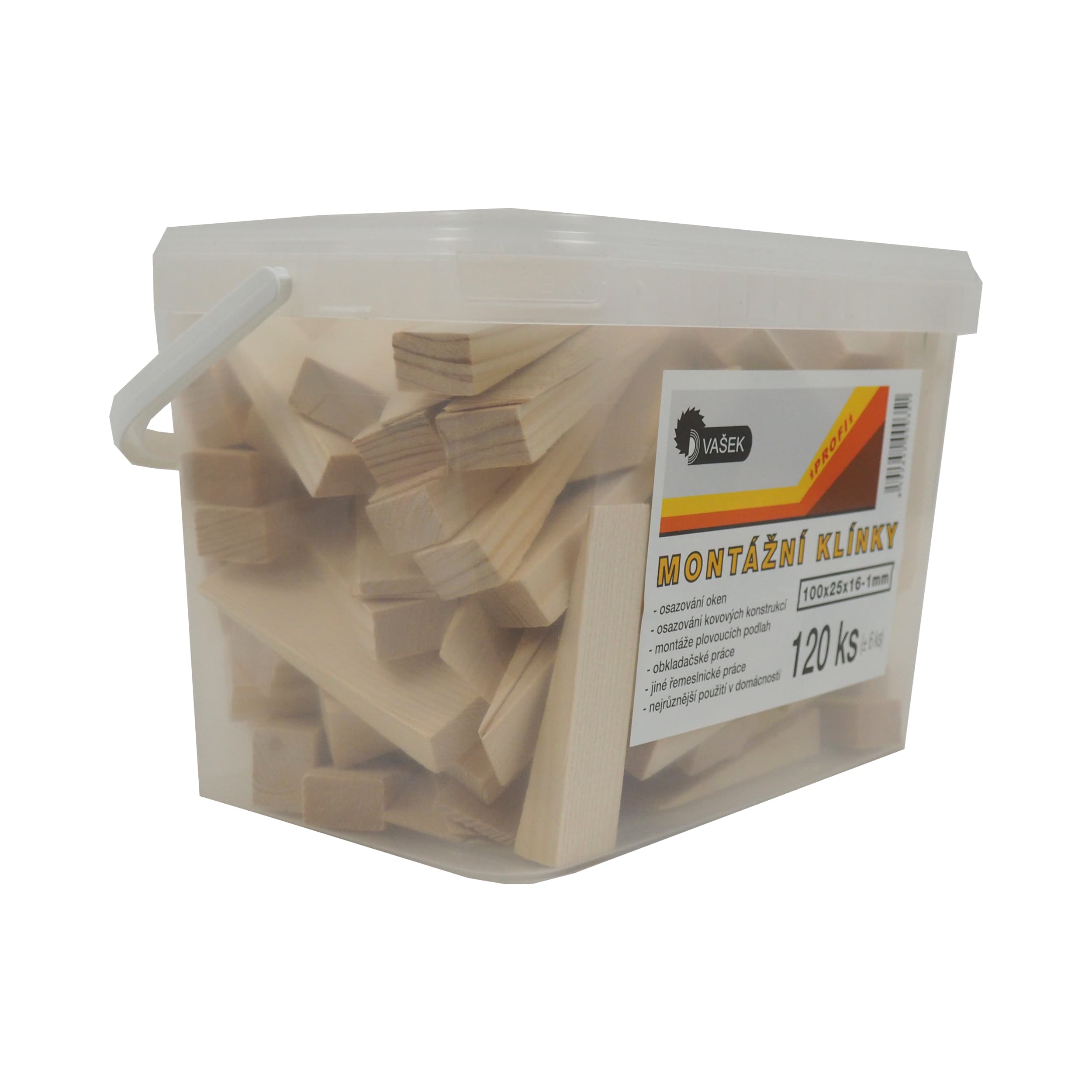 Dřevěné montážní klínky v kbelíku 120 ks, 100×25×16–1 mm - náhled 2
