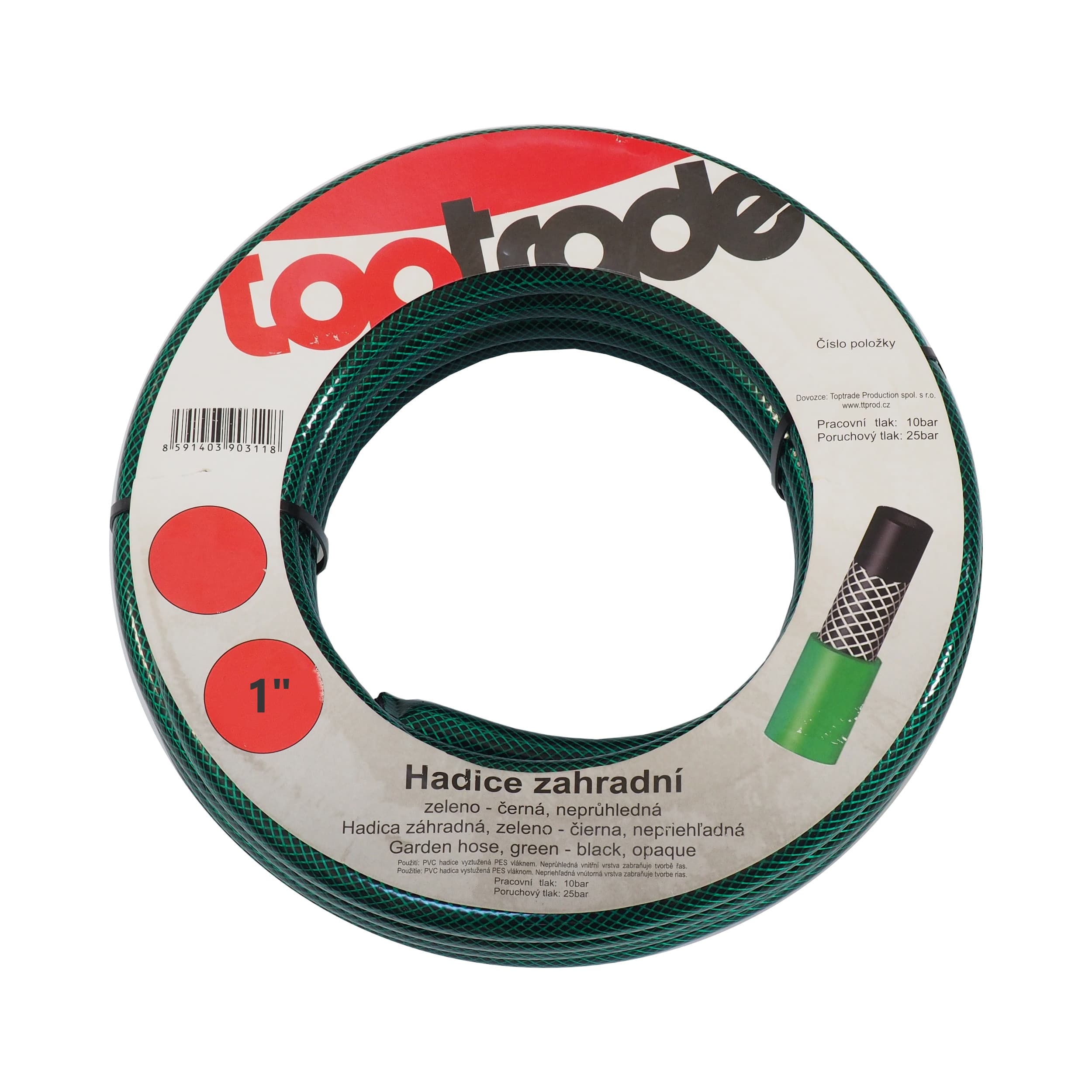 TOPTRADE zahradní hadice PVC 1" (25 mm), 25 m – zeleno‑černá, neprůhledná, s PES výztuží