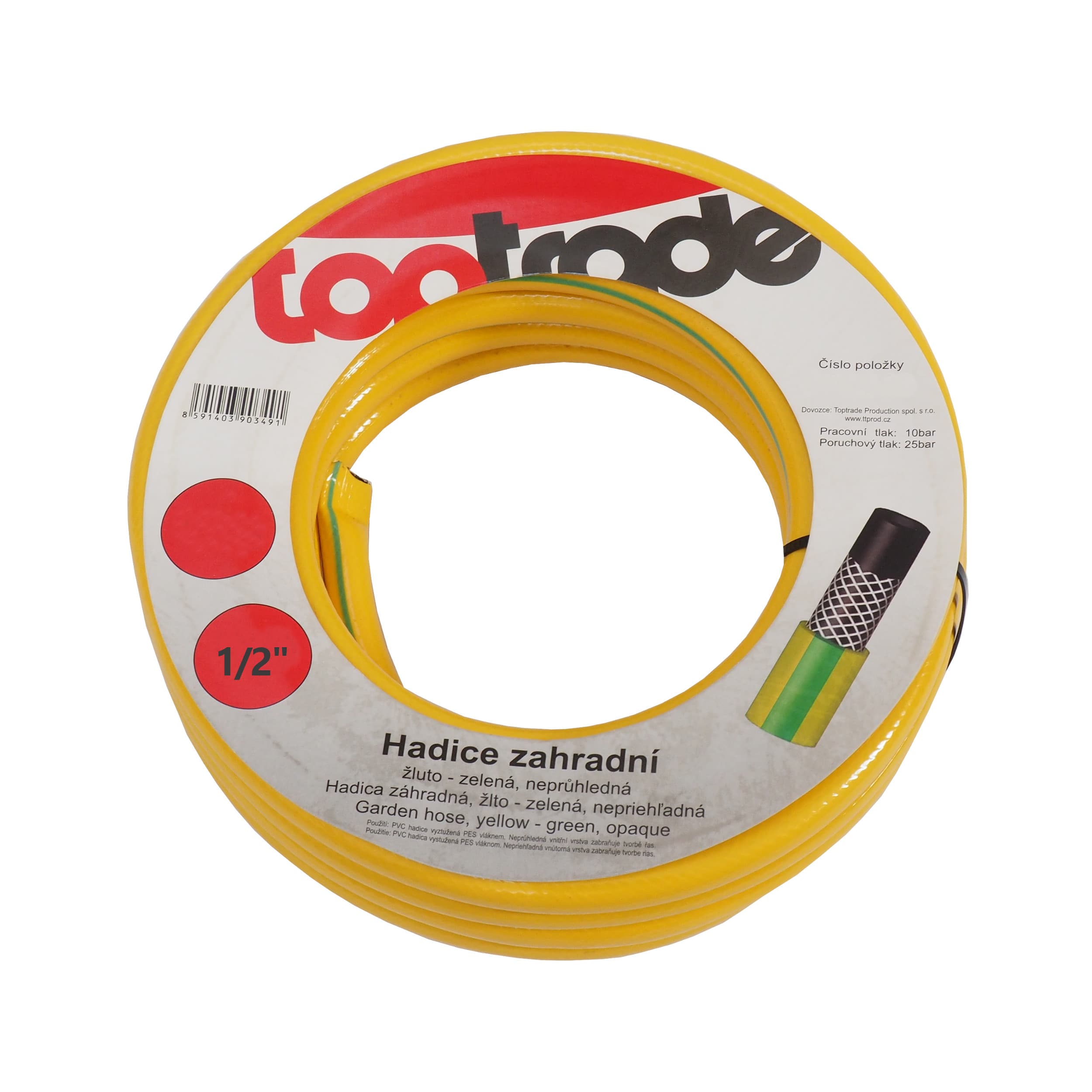 TOPTRADE zahradní hadice 1/2" 15 m – PVC s PES výztuží, neprůhledná, žluto‑zelená