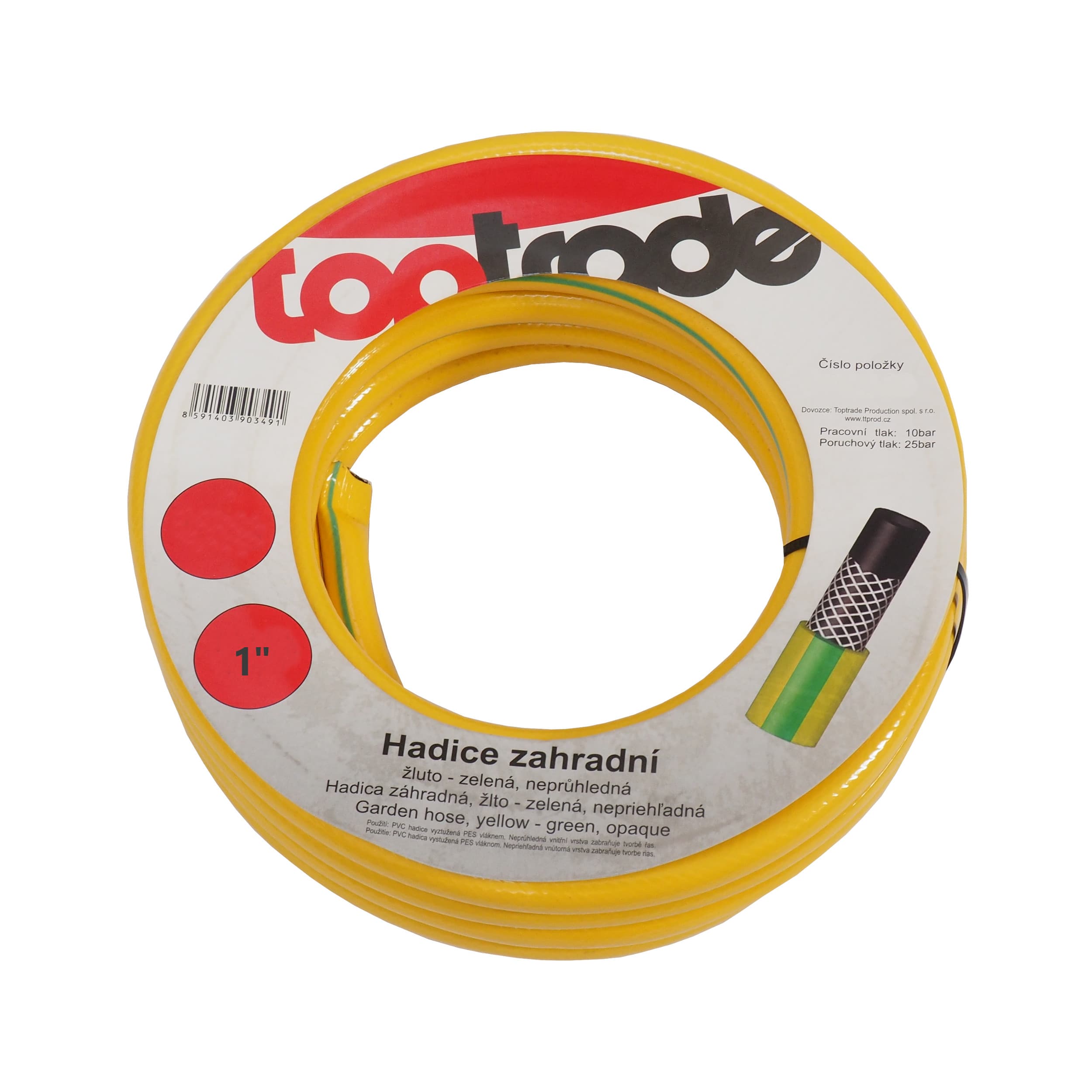 TOPTRADE zahradní hadice 1" (25 mm), 50 m – žluto‑zelená, neprůhledná, PES výztuž