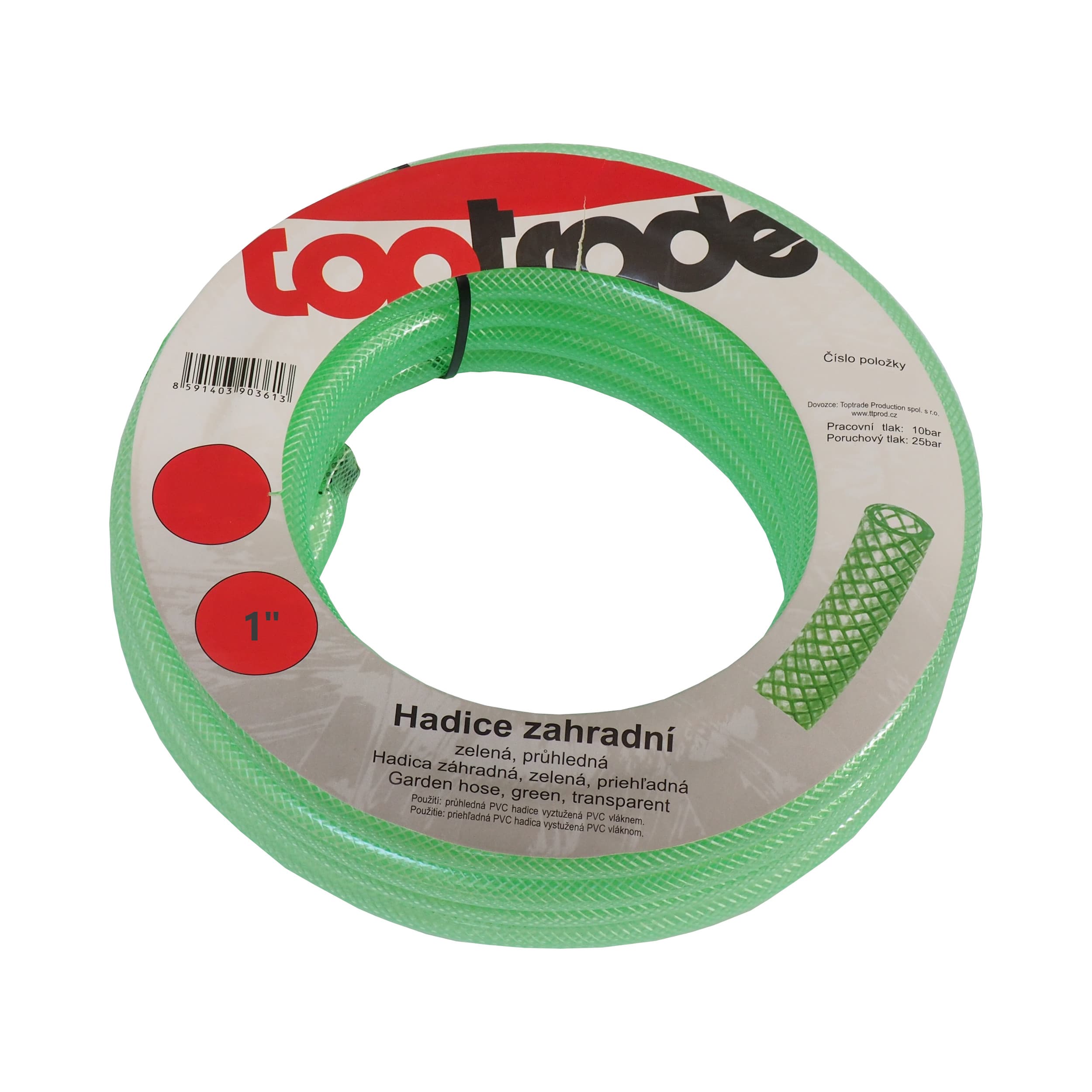 TOPTRADE zahradní hadice 1" (25 mm), 50 m – zelená, PVC, vyztužená PES