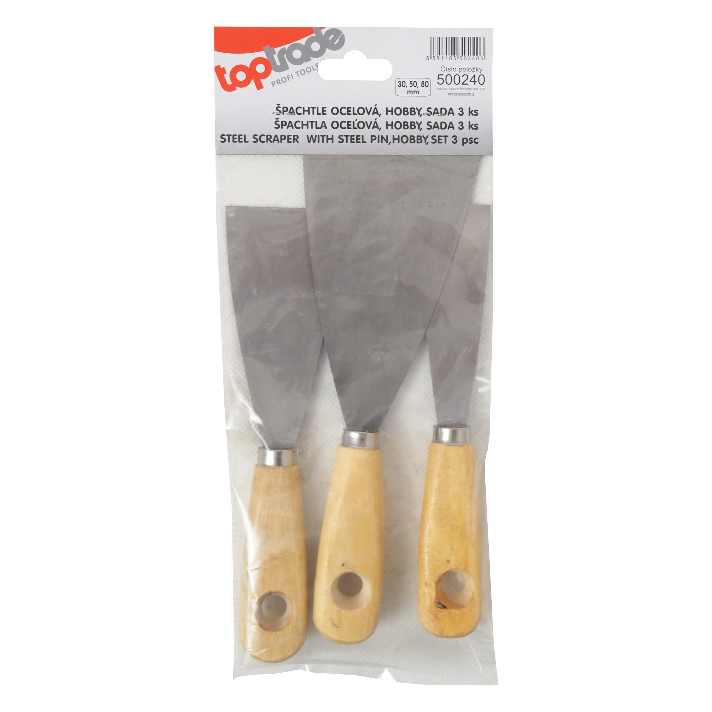 TOPTRADE špachtle – sada 3 ks (30/50/80 mm), ocel, dřevěná rukojeť - náhled 2