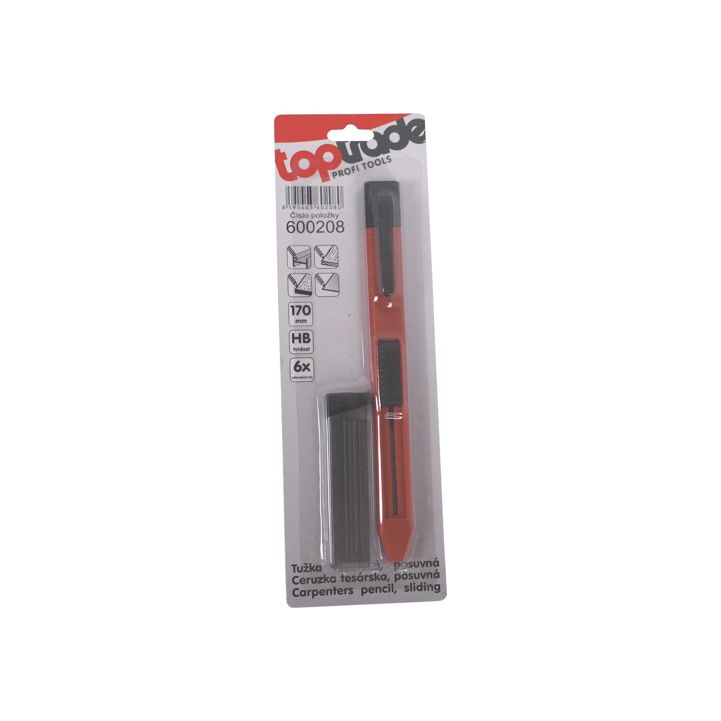 TOPTRADE tesařská tužka, posuvná HB, 170 mm + 6 náhradních tuh