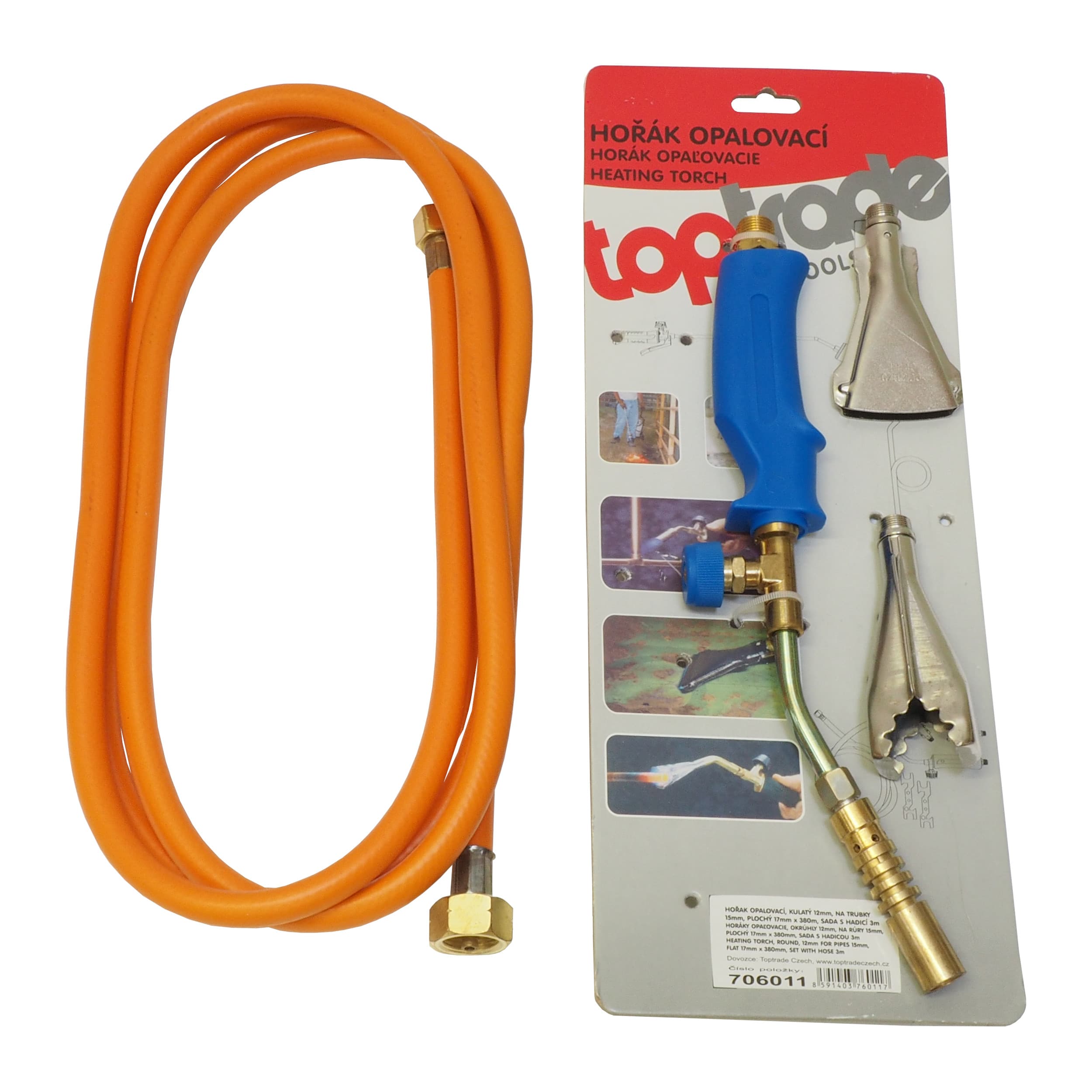 TOPTRADE PB opalovací hořák set, hadice 3 m, regulátor, nástavce Ø12 mm a 17 mm, délka 380 mm
