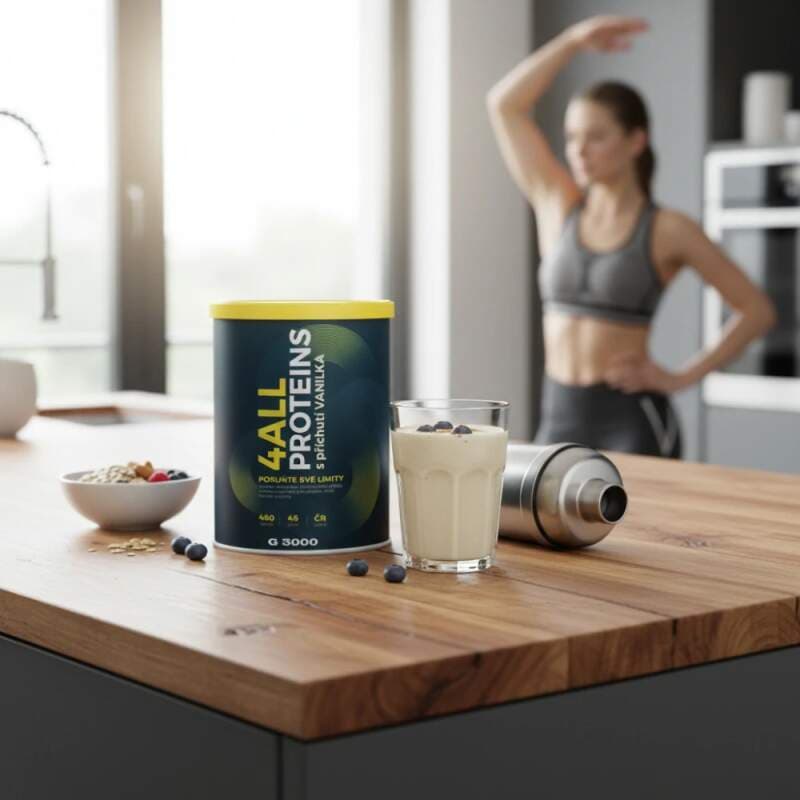 4ALL PROTEINS Vanilka – práškový doplněk stravy se sladidlem, mléčný nápoj se syrovátkovým izolátem pro rychlou regeneraci a vyvážený komplex živin - náhled 2