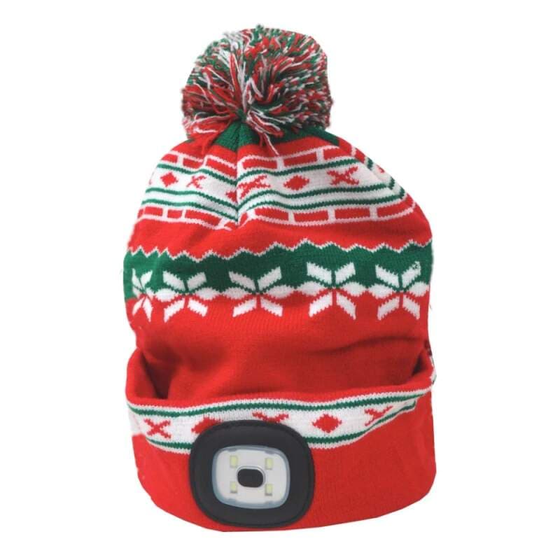 LED čepice X‑mas L s čelovkou, červeno‑zelená