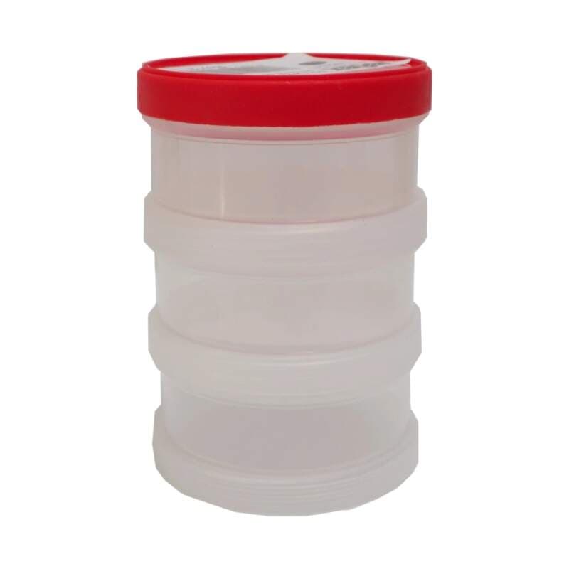 Plastový šroubovací box s víkem – 3 misky, Ø 95 × 130 mm, červené víčko