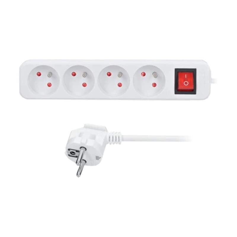 Prodlužovací přívod 4 zásuvky, 2 m, 3×1 mm², bílý, s vypínačem