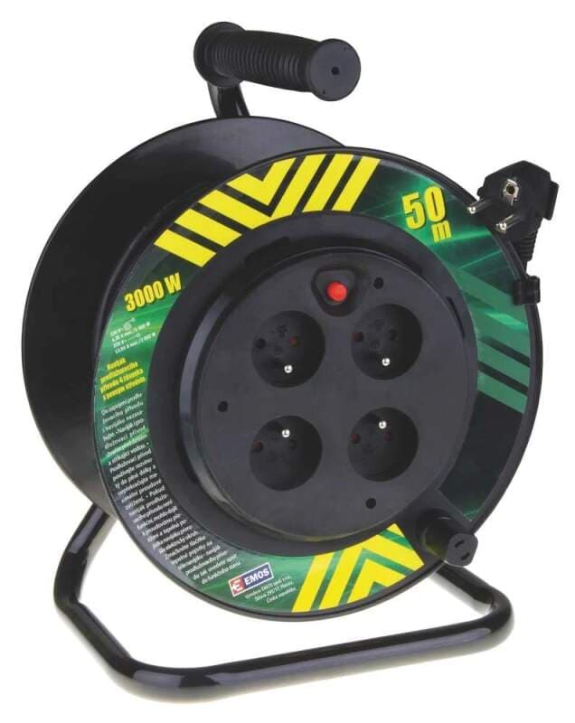 Prodlužovací kabel na bubnu 50 m, 4 zásuvky, 230 V/13 A, PVC, černý