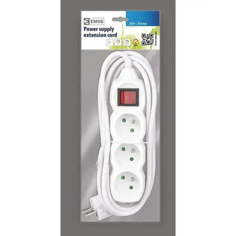 Prodlužovací kabel 3 m, 3 zásuvky s vypínačem, bílý – 10 A, H05VV-F3 - náhled 2